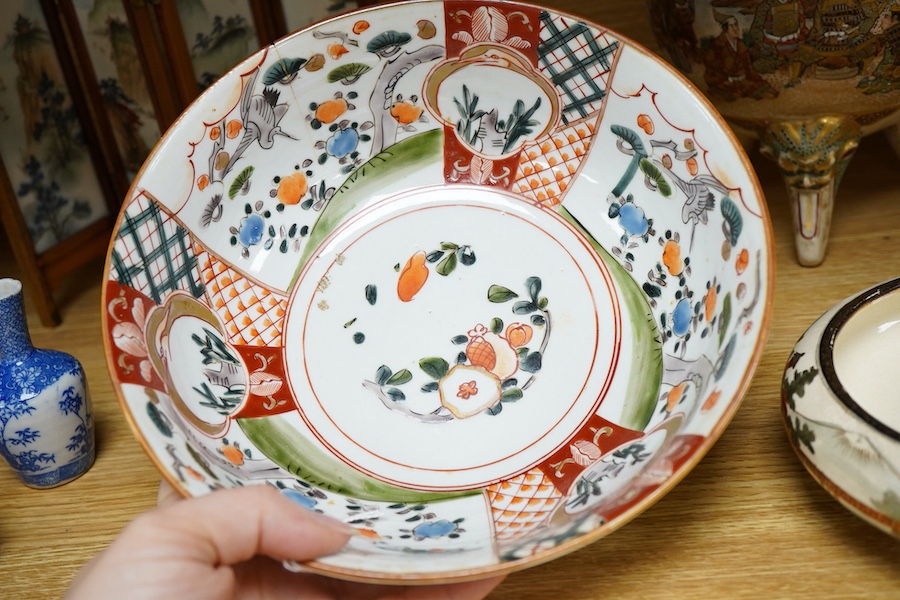 A group of Japanese ceramics to include a Satsuma tripod censer and a miniature Chinese screen, largest 24cm high